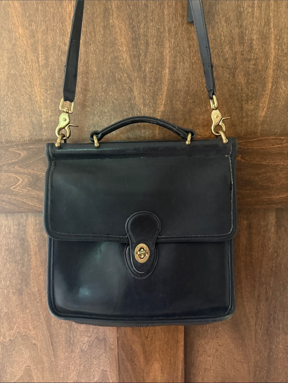 Vintage Coach Black Leather Top-Handle Shoulder Bag with Brass Hardware
